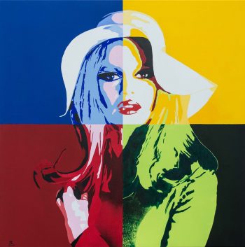 Août 2019 - Acrylique sur toile, Dim. : 80 x 80 cm - Portrait de Brigitte Bardot avec son aimable autorisation.
Attitude inspirée d’une photographie de Ghislain Dussart.