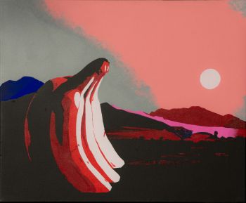 Mars 2019 -
Acrylique sur toile.
Dim. :46 x 38 cm -
Bananes rouges imaginaires sur fond de paysage de Namibie.