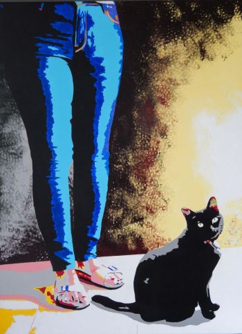 Juin 2018 - Acrylique sur toile. Dim. : 60 x 81 cm - La chatte Boubou et le jean’s.